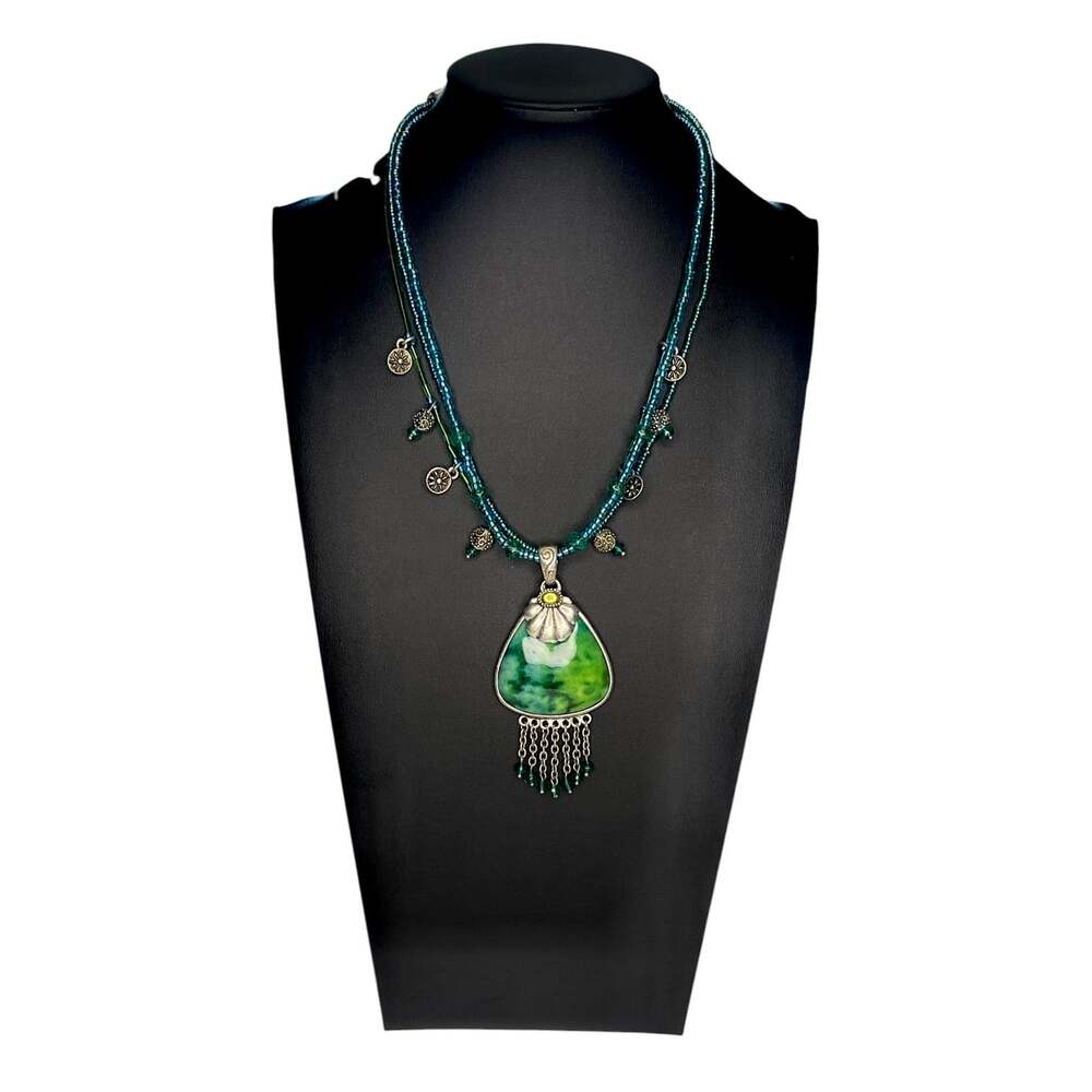 Vintage CHICO'S Signed MULTI-STRAND BEADED PENDANT Necklace GREEN 16” to 20”